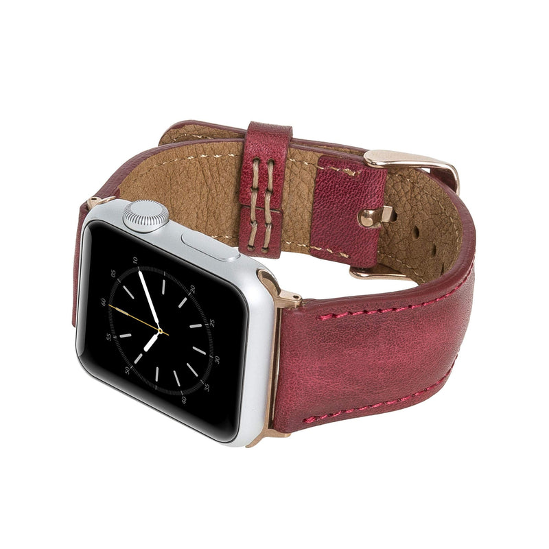Tuscany Leather Bands Compatible with Apple Watch 38mm 40mm 41mm Band, iWatch Replacement Strap for Series 1, 2, 3, 4, 5, 6, 7, SE, 8, Ultra, Sport (Burnt Red w/Rose Gold Connector&Clasp)