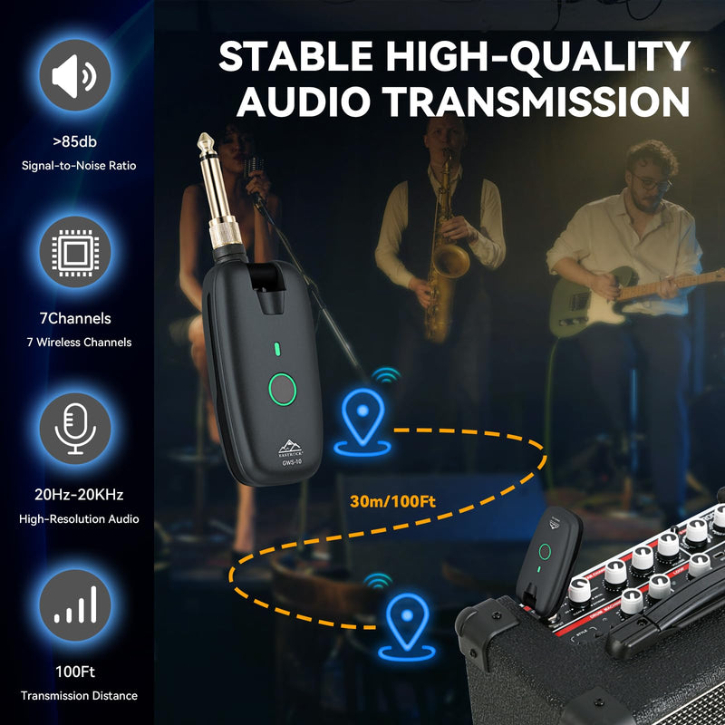 [AUSTRALIA] - EASTROCK Wireless Guitar System – Black, UHF 7-Channel Rechargeable Transmitter & Receiver, 6H Battery, 1/4” & 1/8” Plug for Guitar & Bass 