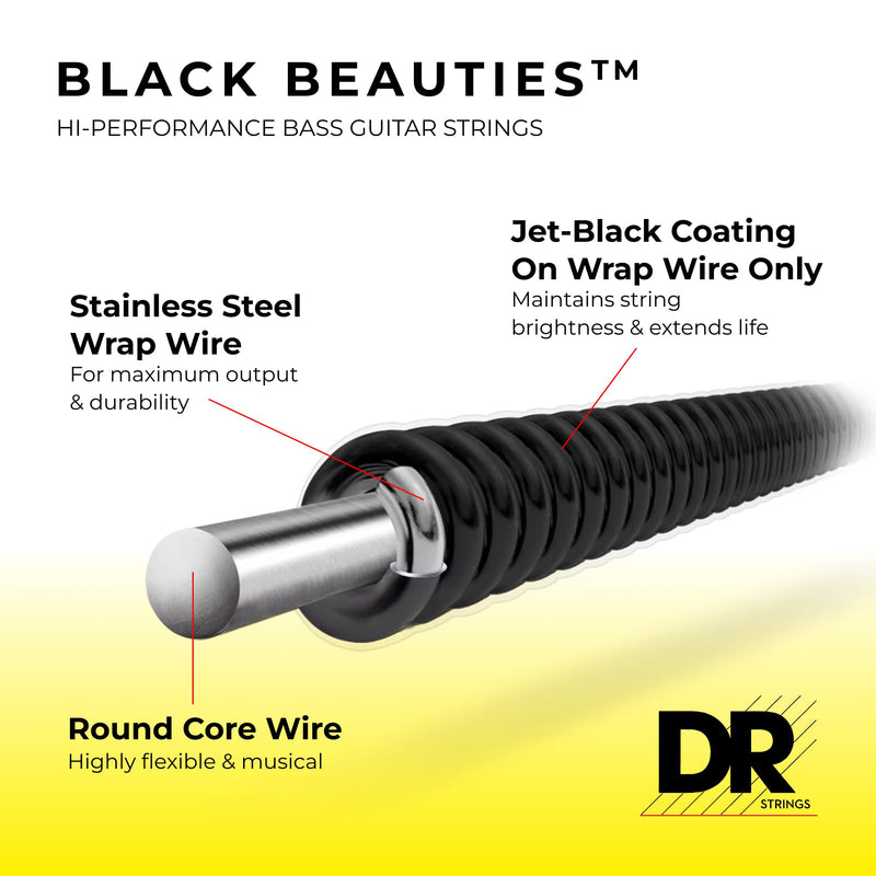 DR Strings Black Beauties BKB-45 Coated Black Bass Guitar Strings – Medium Gauge, Medium Scale 4-String(45-105)