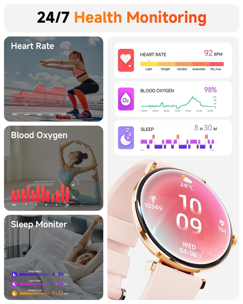 Hwagol Smart Watches for Women with Android iPhone Compatible[Calls/Metal Thin Body],1.43" Micro-Spherical AMOLED Screen,Sports Watch with Sleep/Heart Rate Monitor,Pedometer for Steps Miles (Gold) Gold
