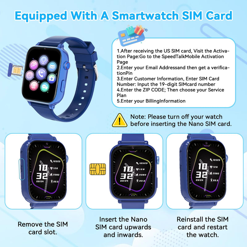 Kids Smart Watch for Boys Girls, 4G Smartwatch Phone for Children with GPS, Call, SOS, Video/Voice Chat, Parental App, Alarm, HD Touchscreen Watches for Kid Gifts Ages 4-12, Bright Blue