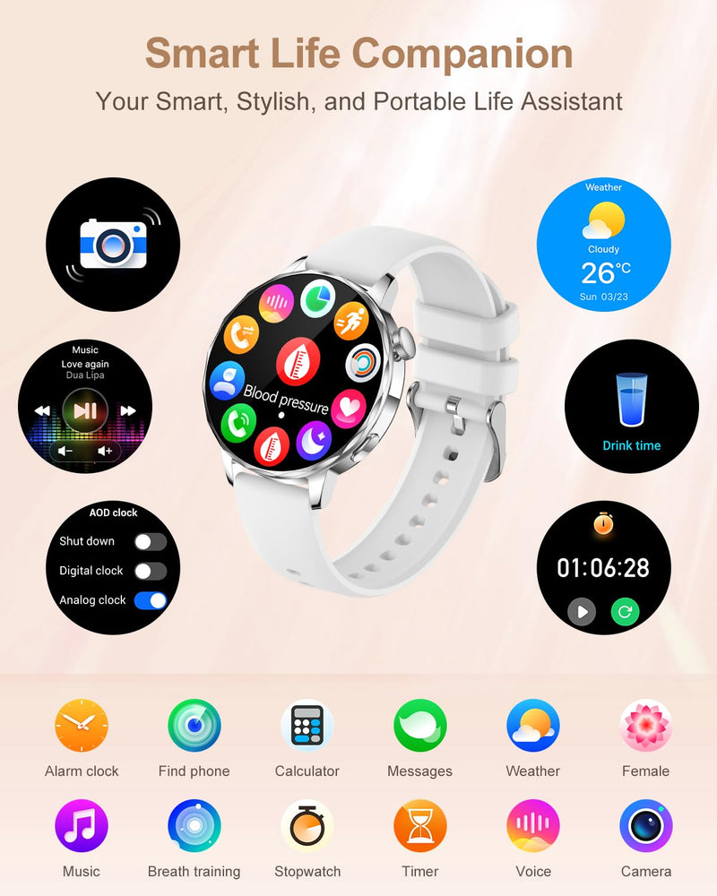 Smart Watch for Women with Bluetooth Calling, 1.27" AMOLED Touchscreen, IP68 Waterproof Fitness Tracker with Heart Rate & Sleep Monitor, 100+ Sports Modes for Android & iPhone (White)