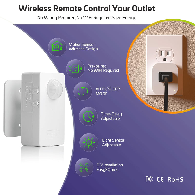 [AUSTRALIA] - RAYZEEK Wireless Motion Sensor Control Outlet with Light Sensor,No WiFi/No APP, 2 PIR Sensor Switch Control 1 Plug for Christmas Tree Lights,Fans,Household Appliances,10A/1100W 2 Motion Sensor+plug 