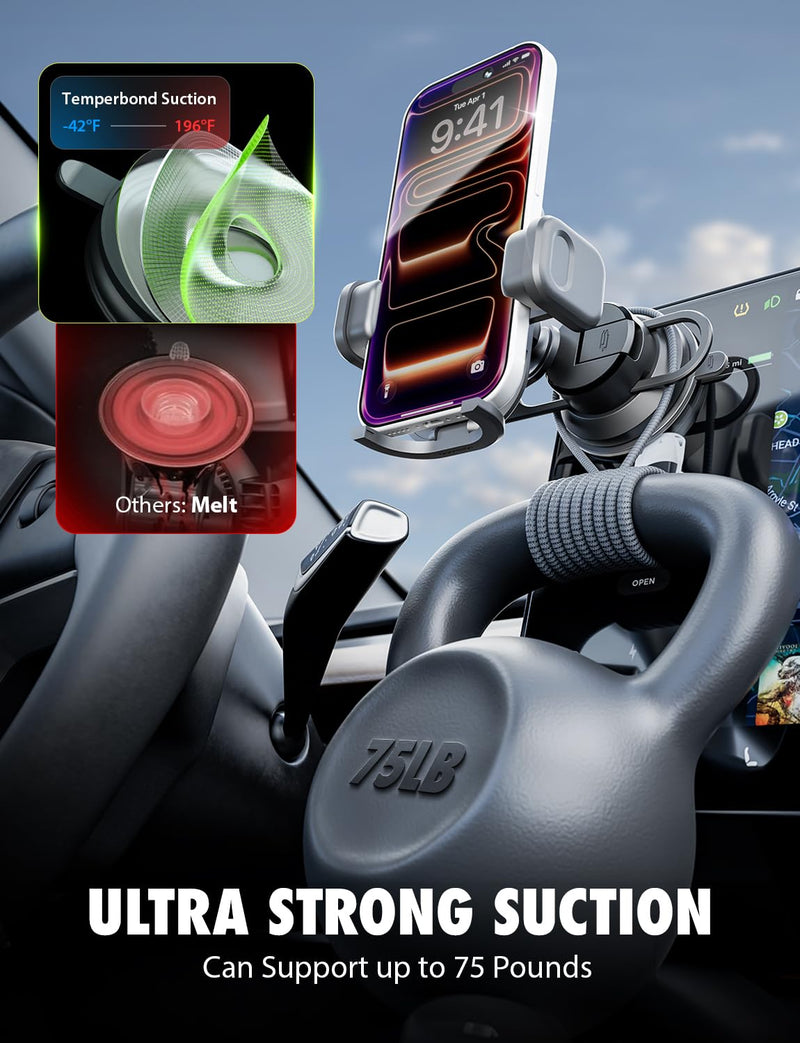Bracketron TripGrip Pro Tesla Phone Holder, Suction Cup, 360° Rotation | 3-in-1 Tesla phone holder mount with TemperBond suction technology, secure dashboard and windshield installation