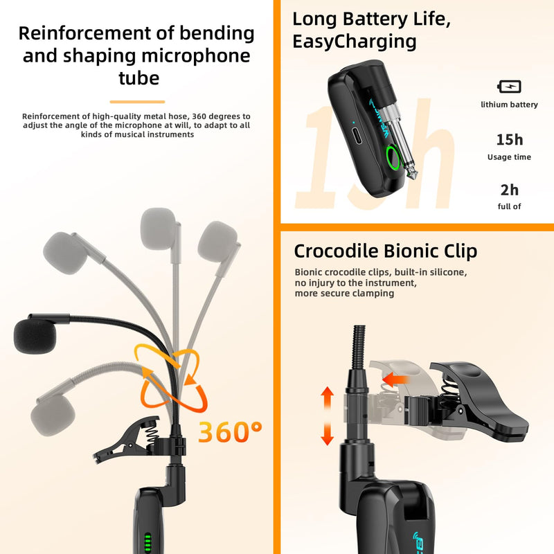 [AUSTRALIA] - Wireless Saxophone Microphone System, Clip-On Instrument Mic for Saxophone Trumpet Trombone Flute, Unidirectional Gooseneck Pickup, 360° Adjustable Clip, Low Latency Long Battery for Performance 
