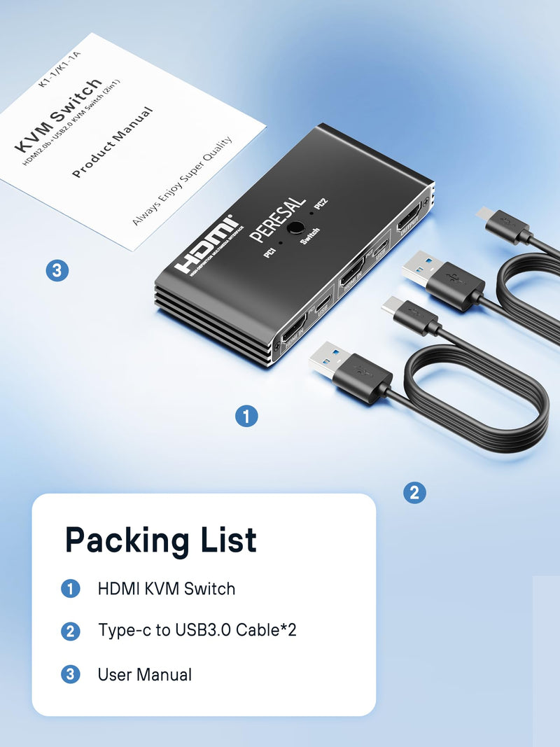 USB KVM Switch, KVM Switch 1 Monitors 2 Computers, HDMI Switch, 4K@60Hz KVM Switches for 2 Computers Sharing 1 Monitor, 4 USB Devices Such as Keyboard, Mouse, Printer, Scanner Black