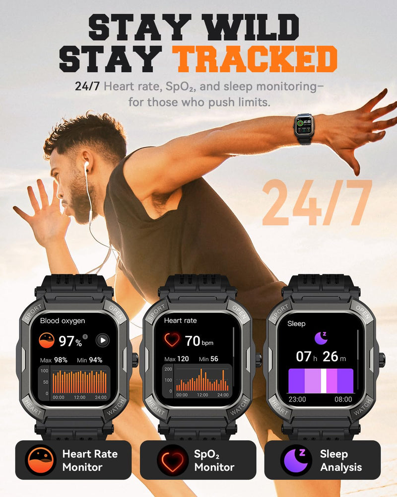 Smart Watch for Men Fitness Tracker: Military Digital Mens Watches Bluetooth Make Answer Call Running Waterproof Smartwatch Android Phones iPhone Samsung Compatible Sleep Monitor Step Pedometer Black 1.91