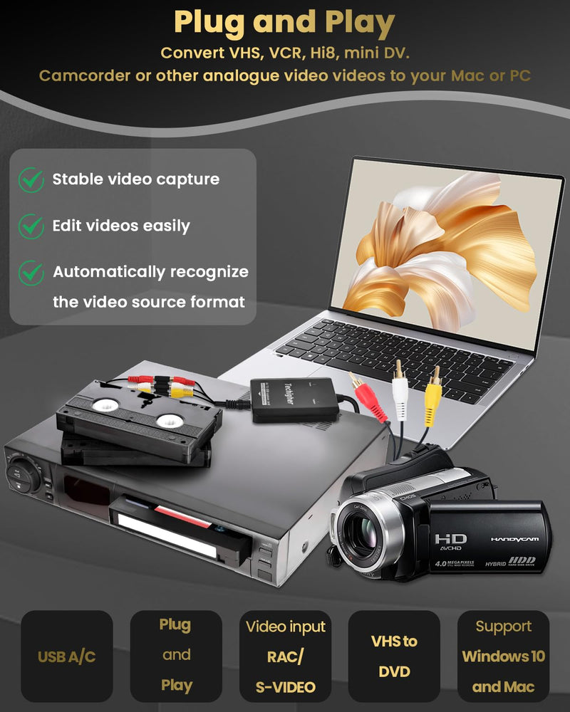 VHS to Digital Converter & RCA to HDMI Adapter USB Video Capture Card for VCR/DVD/AV/PS2/Wii,av to hdmi Converter to Display Output, wii hdmi Adapter,Save/Convert OldVideo (Optimized 2025) Optimized 2025