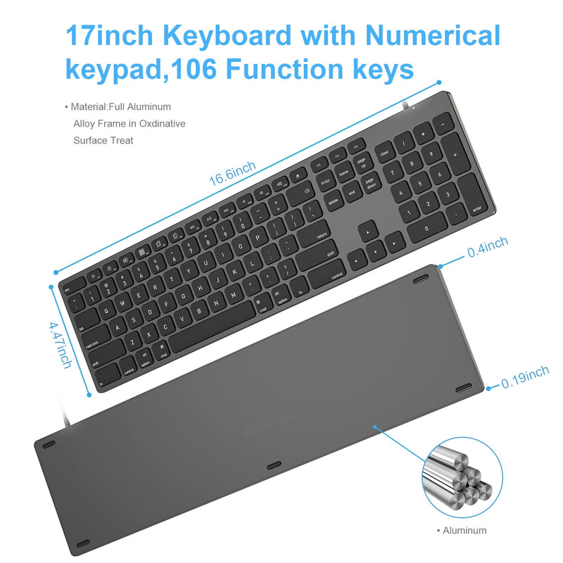 Aluminum USB Wired Keyboard with Numeric Keypad for Mac Pro, Mini Mac, iMac, iMac Pro, MacBook Pro/Air, Laptop and PC Computer Black
