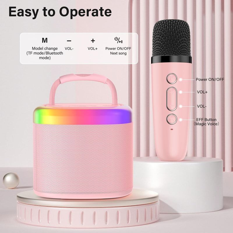 JYX Mini Karaoke Machine for Kids, Portable Bluetooth Karaoke Speaker Unpowered Cabinets with 1 Wireless Microphones and Party Lights and Adults, Birthday Gifts for Girls Boys Family Home Party(Pink) Pink-2Mic