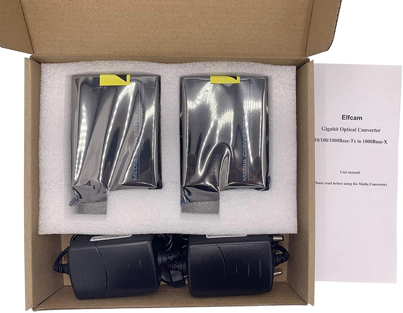 Elfcam® - 1 Pair Gigabit Fiber Ethernet Converters 1000M/100M/10M, SFP Media Converter Included, Up to 20KM Distance on Single Mode SC Fiber Optic (1 RJ45 Port *1 RJ45 Port) 1 Port RJ45 * 1 Port RJ45