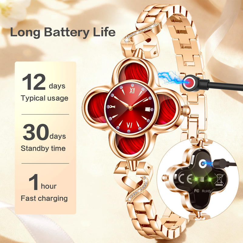 Red Clover Design Smart Watch for Women, Elegant Quartz Fitness Tracker with 24/7 Heart Rate SpO2 Monitor, Sleep Tracking, IP68 Waterproof Smart Bracelet, Message Notifications for Android iPhone