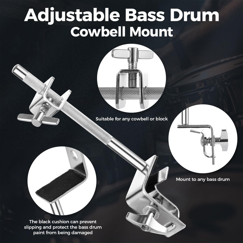 Cowbell Clamp for Bass Drum Hoop Mounting，Cowbell Mount with Parallel Action Jaws for Drummers - Drum Cowbell Holder Percussion Accessory for Versatile Sound