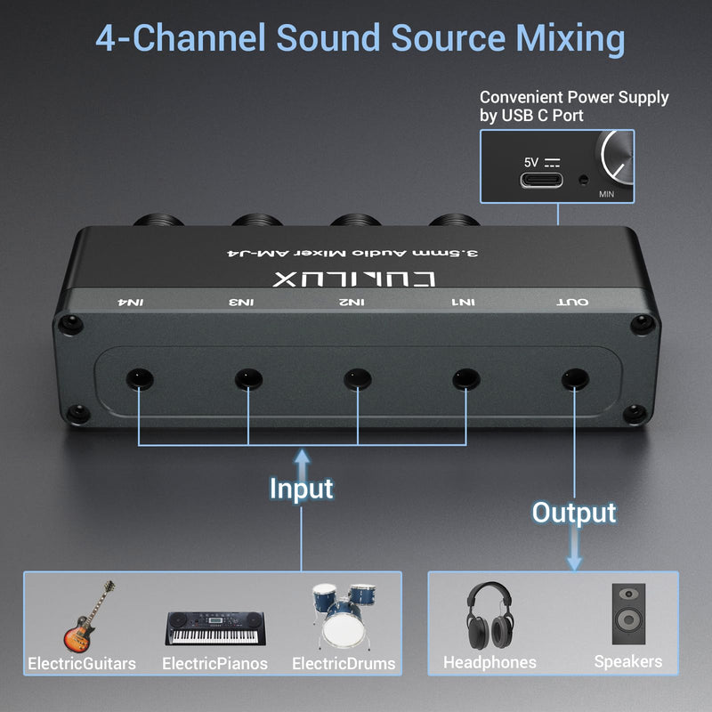 Cubilux 4-Channel 3.5mm Audio Mixer, Ultra-Low-Noise Mini Audio Mixer for Sub-Mixing, 1/8 TS/TRS Input, Stereo Switcher Suitable for Guitars, Bass, Keyboards