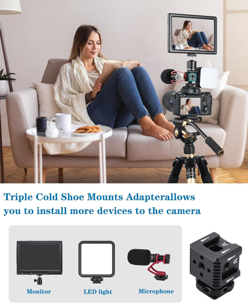 [AUSTRALIA] - Triple Cold Shoe Mount with 1/4"-20 Thread 3 Port Cold Shoe Mount for Microphone LED Flash Light Monitor 