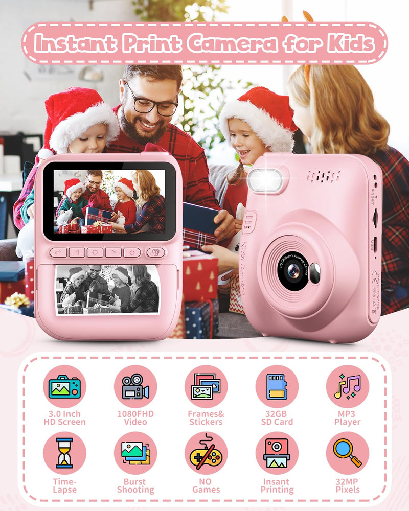 Kids Instant Print Camera, 3.0-inch HD Screen 32MP Photo Instant Digital Camera Christmas Birthday Gifts Toys for Toddle Children Girls Boys Age 3-12 - Pink