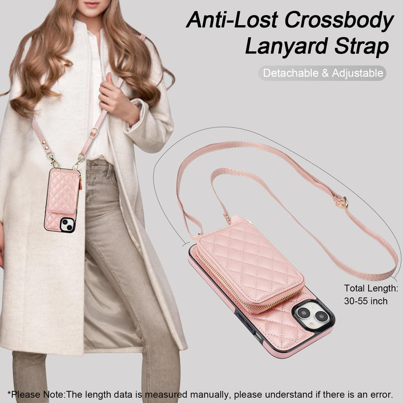 Bocasal Crossbody Wallet Case for iPhone 15 Plus, RFID Blocking PU Leather Zipper Handbag Purse Flip Cover, Kickstand Folio Case with Card Slots Holder Wrist Strap Lanyard 5G 6.7 Inch (Rose Gold) Rose Gold