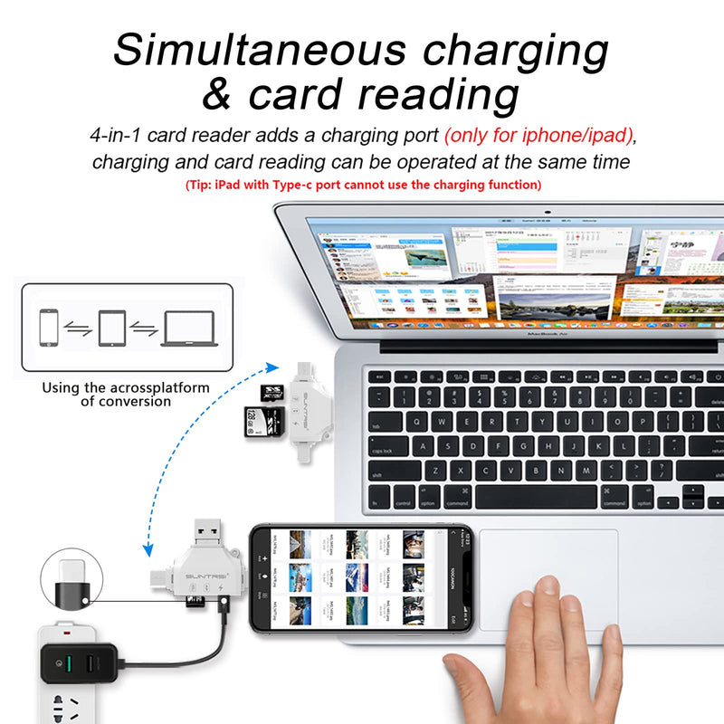 SD/Micro SD Card Reader for iPhone/ipad/Android/Mac/Computer/Camera,Portable Memory Card Reader 4 in 1 Micro SD Card Adapter&Trail Camera Viewer Compatible with TF and SD Card white