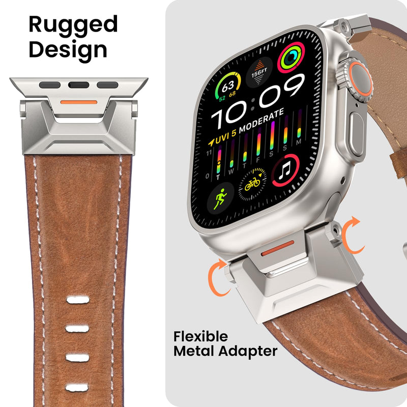 Top Grain Genuine Leather Compatible with Apple Watch Ultra Band 49mm 46mm 45mm 44mm 42mm, Rugged Metal Connector Band Strap for for Women Men iWatch Ultra 2/1 Series 10 9 8 7 6 5 4 3 2 1