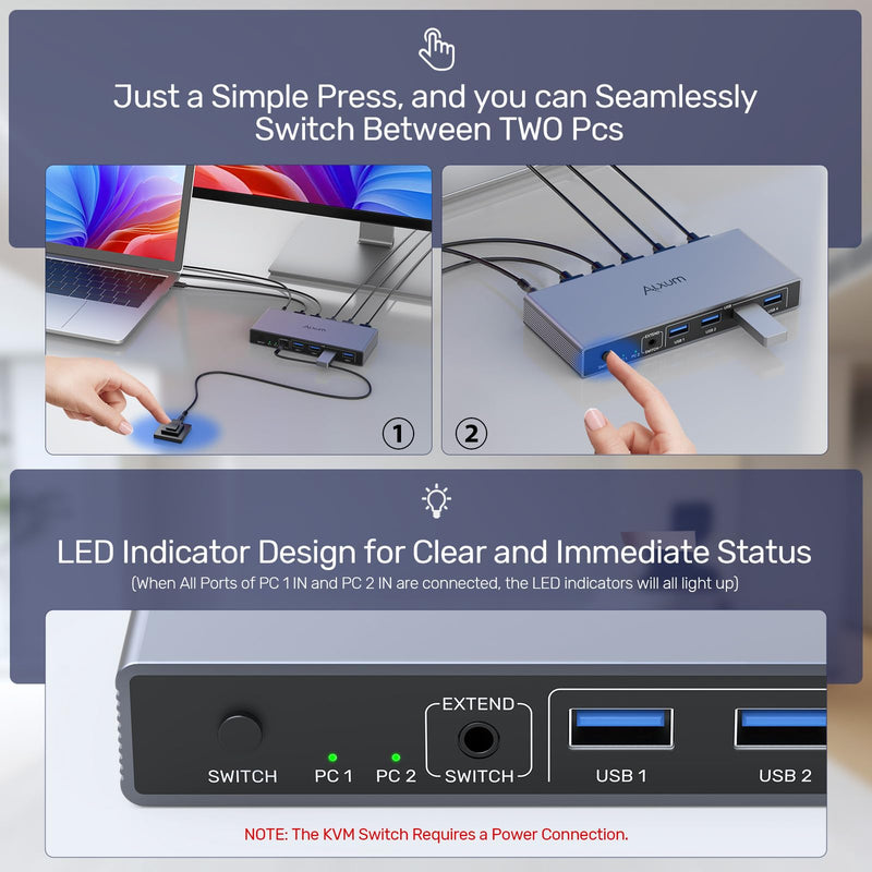 Alxum HDMI KVM Switch 1 Monitor 2 Computers KVM Switcher with Audio Jack | 4K@60Hz 2 PC 1 Monitor KVM Switch Dual HDMI 4 USB Ports for Keyboard Mouse Printer,5Gbps Button/Remote Control Power Delivery Gray