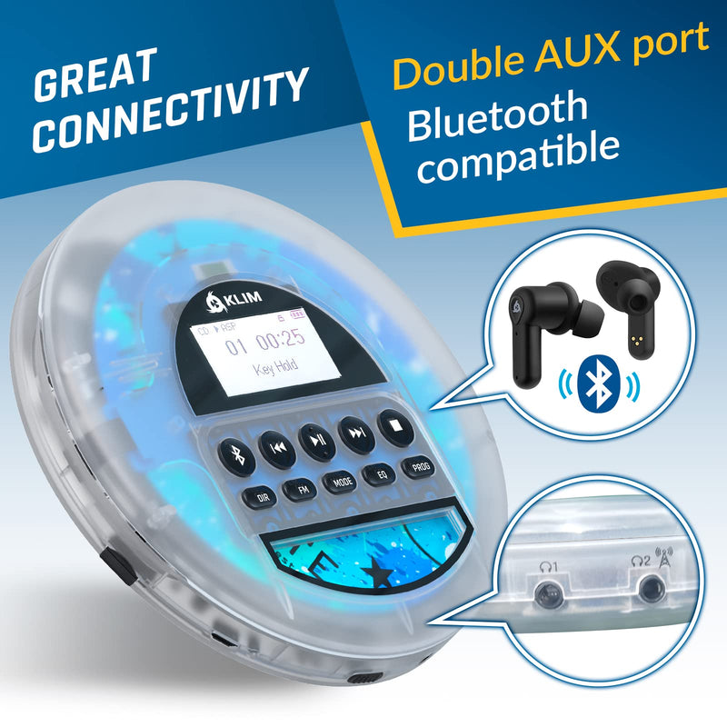 KLIM Nomad Transparent - New 2024 - Portable CD Player Walkman with Long-Lasting Battery - Includes Headphones - Radio FM - MP3 CD Player Portable - TF Card Radio FM Bluetooth - Ideal for Cars Clear