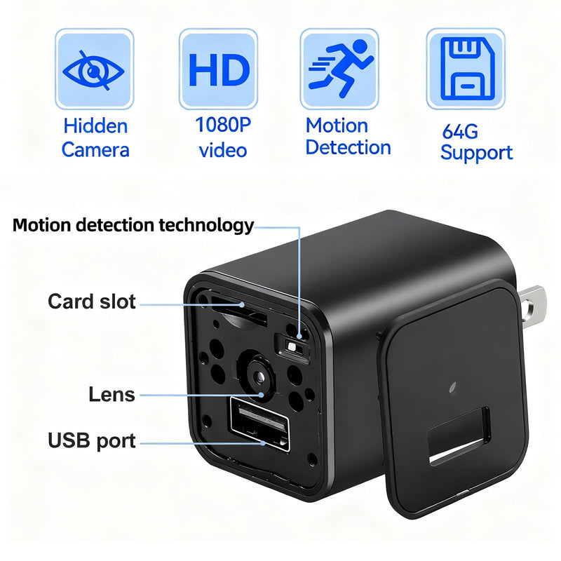 [AUSTRALIA] - PATTERSON Hidden Camera Spy Cam 1080P - USB Charger Full HD No-WiFi Security Cam with Plug-in Power & Local Storage, Motion Detection & Night Vision, Ideal for Pet, Baby & Home Security Monitoring 