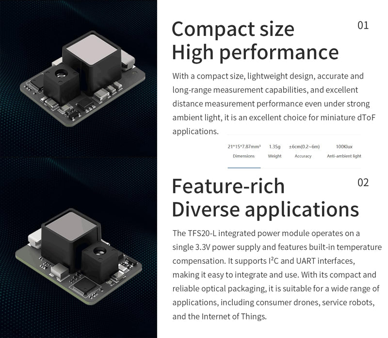 Benewake TFS20-L UART & IIC Miniaturised Single-Point LiDAR Module, 20 m Range Sensors, for Drones or UAVs Robots Fall Protection