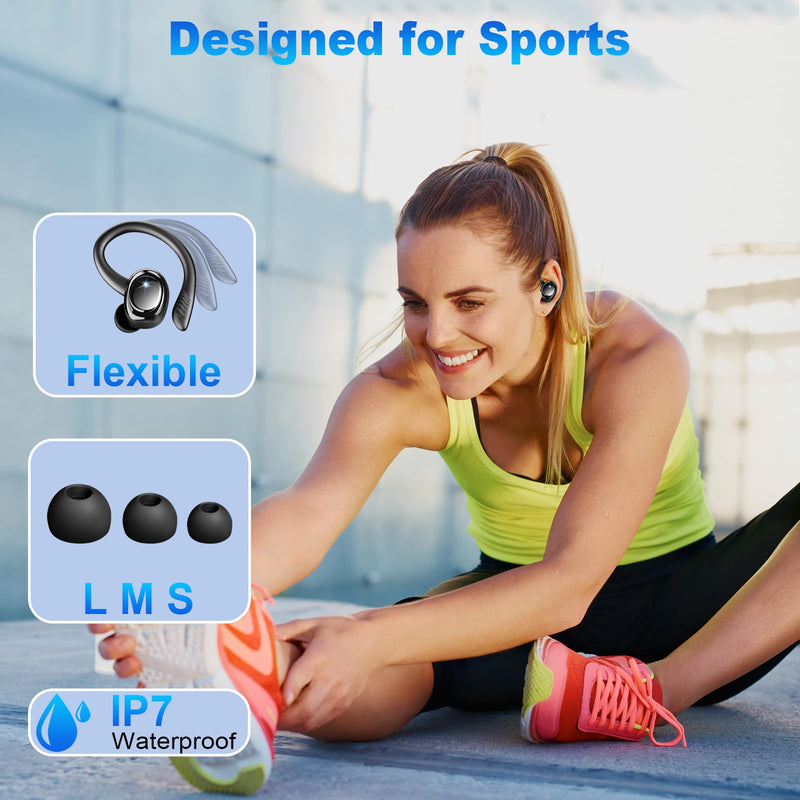 Hupoaf Wireless Earbuds Sport, NEW Bluetooth 5.4 Headphones with Earhooks, 50H Stereo Deep Bass Over Ear Buds with 4 ENC Noise Canceling Mics, IP7 Waterproof Earphones for Running Workout Gym -Black A-Black