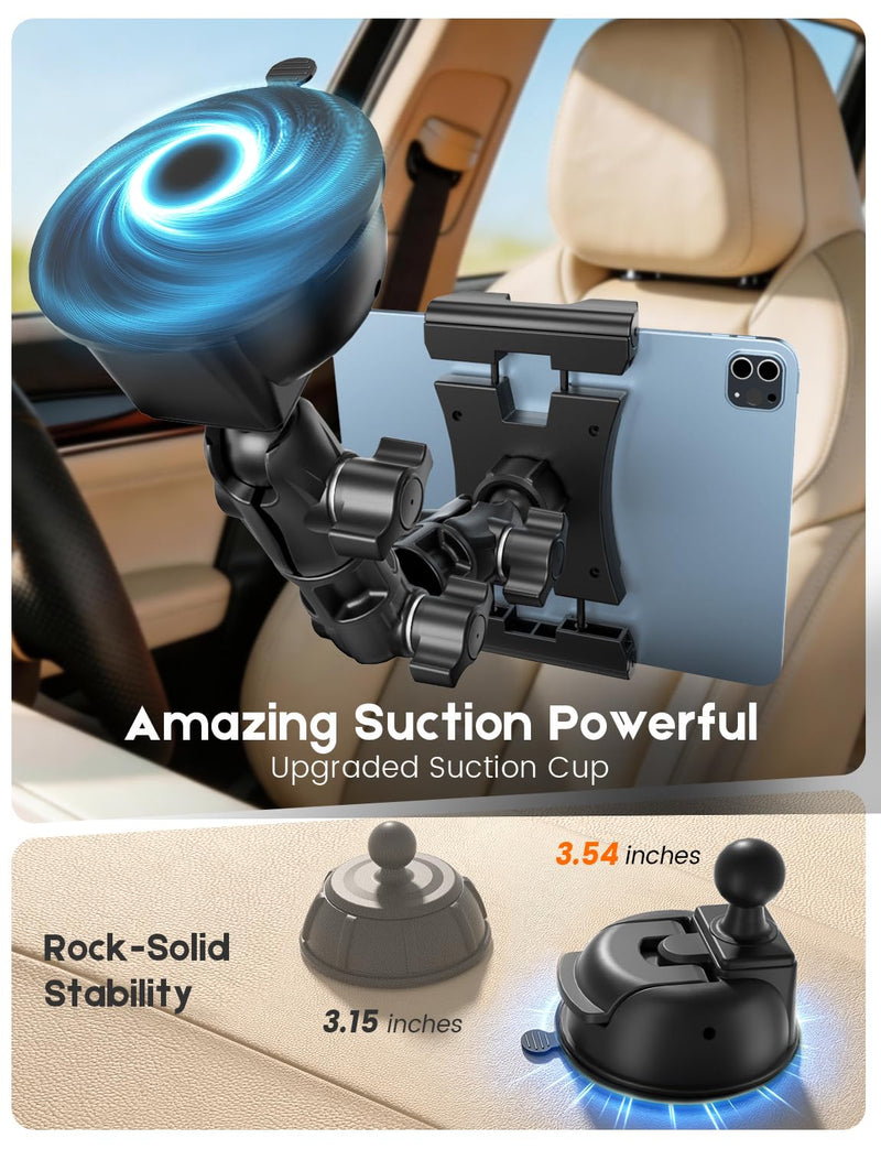 OHLPRO Heavy Duty Tablet Holder for Truck Dashboard & Windshield, 90mm Large Suction Cup Mount, 360° Rotating Long Arm iPad Holder for Aircraft Cockpit, Semi, RV & Boat, Fits 4.7–13" Devices