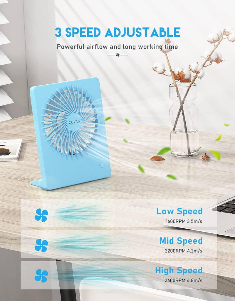 Zuvas Desk Fan Battery Operated Fan Rechargeable 180°Tilt Folding Personal Fan Ultra Quiet Small Portable Fan 3 Speed Adjustable Strong Wind USB Fan For Office Bedroom Home Desktop Camping (Blue) Blue