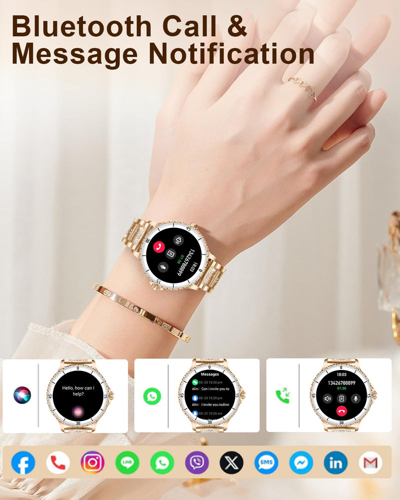 Smart Watches for Women(Answer/Make Call) with Diamond, 1.27" HD Bluetooth Smartwatch for Android iOS Phones, IP68 Fitness Tracker with Heart Rate SpO2 Sleep Monitor, 120+ Sport, Rosegold Rose Gold