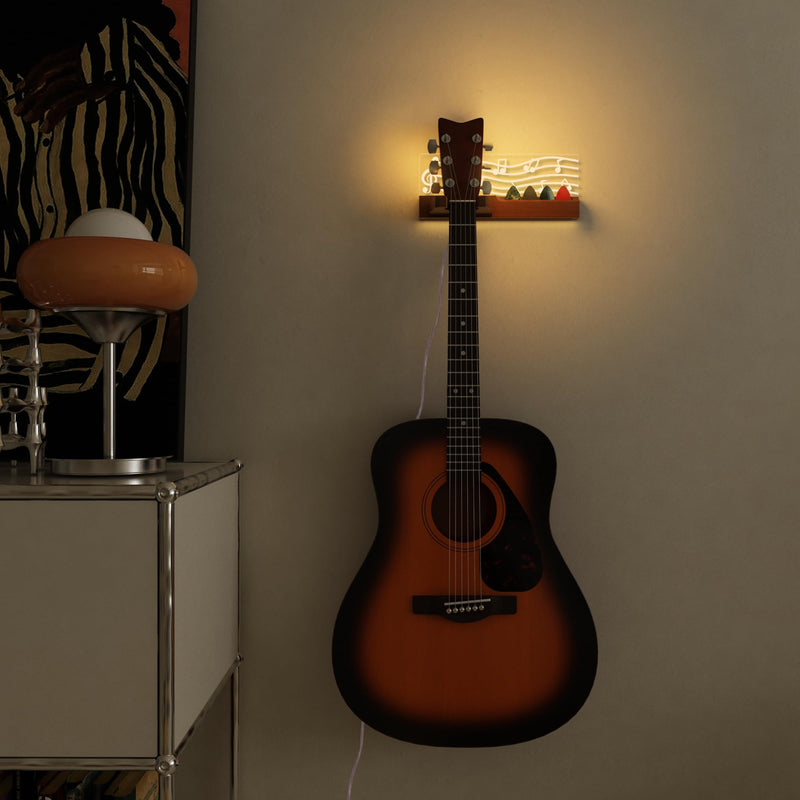 Guitar Wall Mount Stand with LED Lights - Solid Wood & Acrylic USB-Powered Guitar Accessories - Gift for Men, Guitar Players, Music Lovers (for Acoustic, Electric Bass, Ukulele) Warm yellow music note