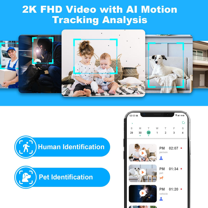 2K Pan/Tilt Security Camera, WiFi Indoor Camera for Home Security with AI Motion Detection, Baby/Pet Camera with Phone App, Color Night Vision, 2-Way Audio, 24/7, Siren, TF/Cloud Storage white