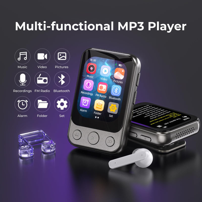 64GB Clip on MP3 Player with Bluetooth 5.3, Built-in Speaker, 2" HD Touchscreen, FM Radio, Voice Recorder, Portable Music Player for Running, Gym, Shuffle Audio Video, Up to 128GB MicroSD Card Gunmetal Grey