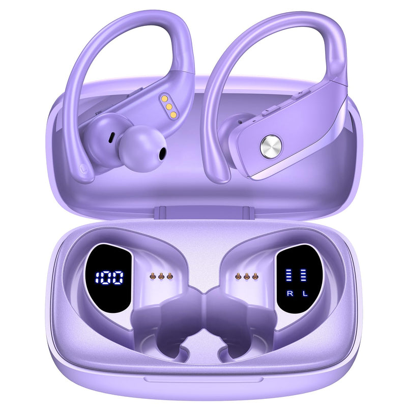bmani 2 Sets Wireless Earbuds Bluetooth Headphones 48hrs Play Back Sport Earphones with LED Display Over-Ear Buds with Earhooks Built-in Mic Headset for Workout Green+Purple