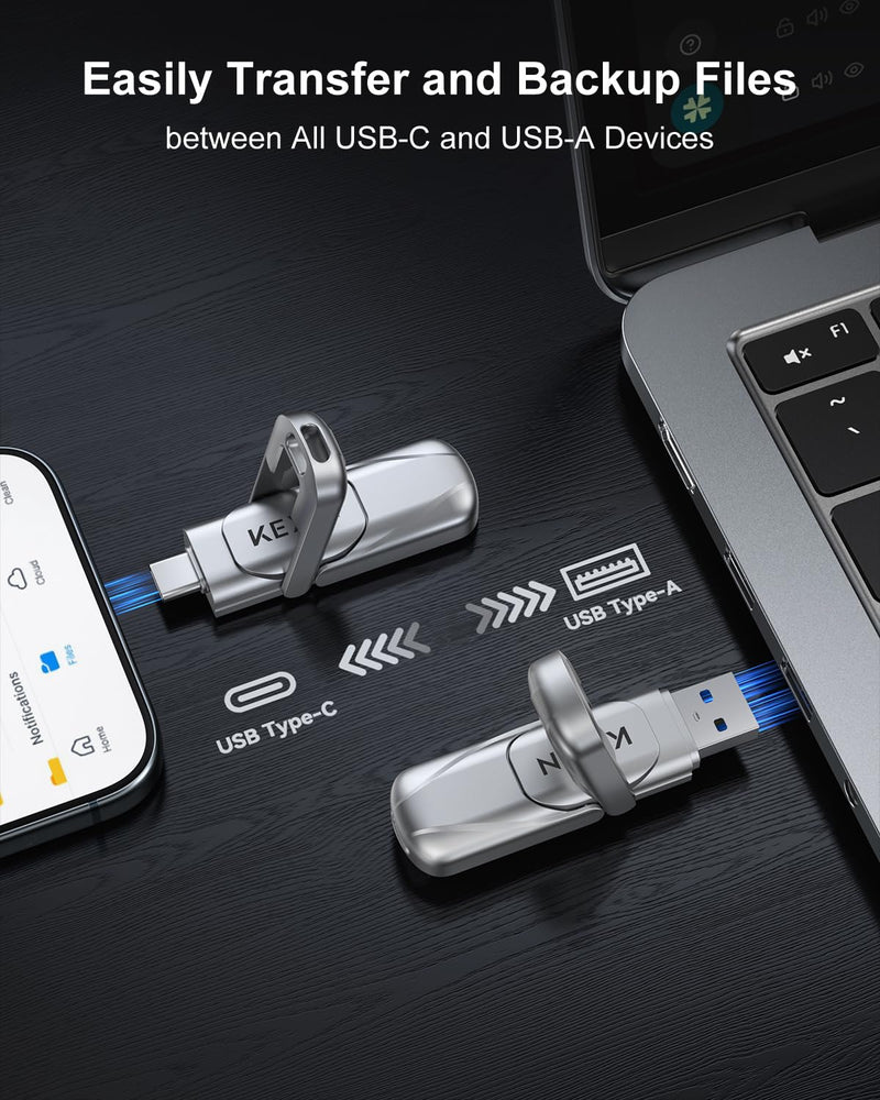 KEXIN 256GB Solid State Drive up to 450MB/s USB 3.2 Gen 1 Dual USB A & USB C Drive Metal for iPhone 15/16/17 Android Smartphone Tablet Game Console Windows Mac 256G silver