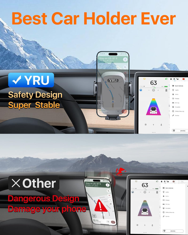 YRU [Military-Grade for Tesla Phone Mount & 360° Rotatable Suction] 2026 Upgraded Car Phone Holder Mount 【90+LBS Safest Strongest & Patent Certs】 for All Phones for Tesla Model 3 Y Cybertruck (Gray) Gray