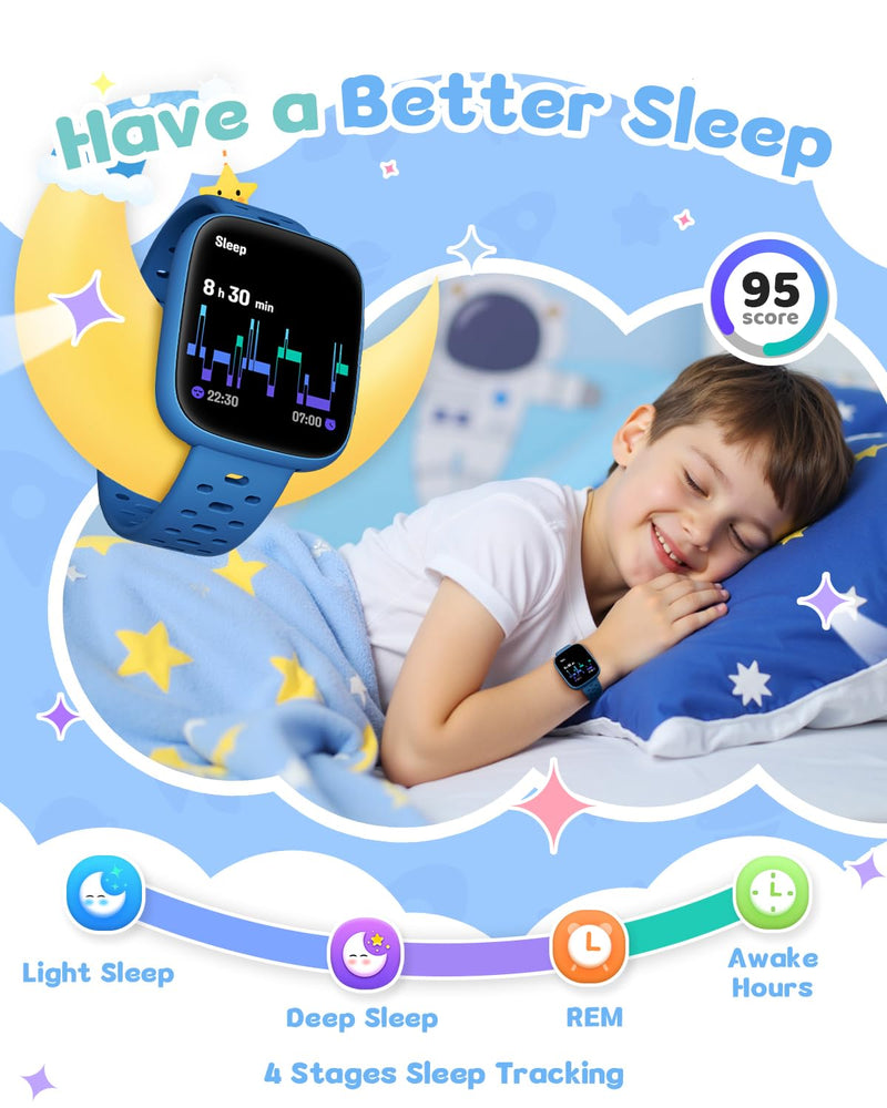 Smart Watch for Kids No Phone No APP Needed, 1.83" AMOLED Screen Fitness Tracker Watch with Pedometer, Kids Smart Watch with Heart Rate/Sleep Monitor, IP68 Waterproof for Boys Girls 5-12 Blue