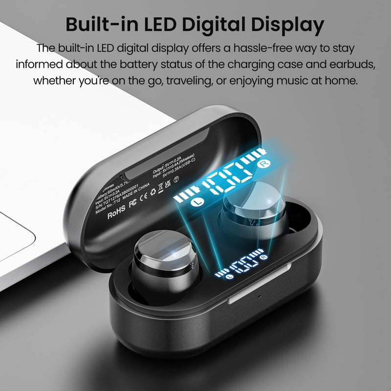 TOZO T12 Wireless Earbuds Bluetooth 5.3 Headphones Built-in ENC Noise Cancelling Mic, 55 Hrs Playtime App Customize EQ IPX8 Waterproof LED Digital Display Premium Sound Headset Black Compact Ergonomic Edition