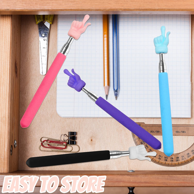 4Pcs Telescopic Teachers Pointer, Mini Extendable Hand Pointer Finger Pointer Stick, Retractable Classroom Pointer for Elementary School Kindergarten Teacher Supplies (Black Pink Blue Purple)