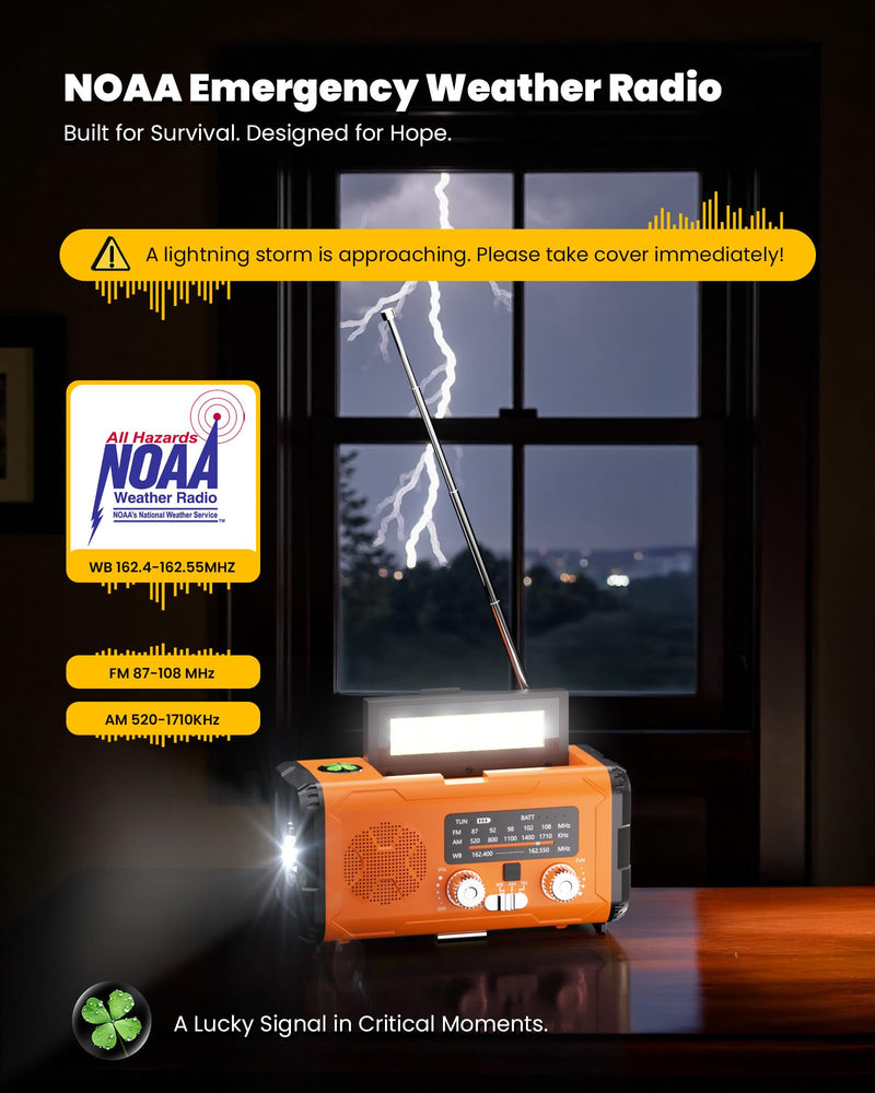 [AUSTRALIA] - Emergency Weather Radio NOAA AM FM with 10000mAh Power Bank & Fire Starter, Solar/Hand Crank/USB-C Fast Charging, SOS Alarm, Flashlight for Indoor Outdoor Survival for Campers and Preppers Orange 
