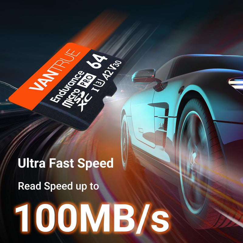 Vantrue 64GB microSD Card with Adapter, U3 UHS-I High Speed SD Card for Dash Cams & Home Security System Video Cameras Vantrue 64GB microSD Card