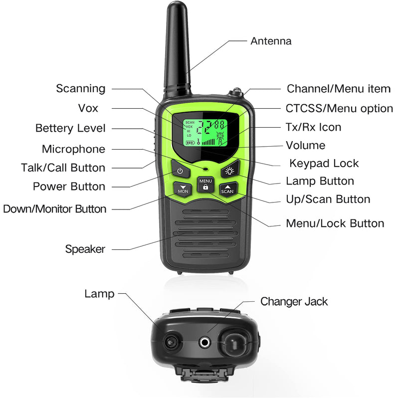 Walkie Talkies with 22 FRS Channels, MOICO Walkie Talkies for Adults with LED Flashlight VOX Scan LCD Display, Long Range Family Walkie Talkie Radios for Hiking Camping Trip (Green) Green