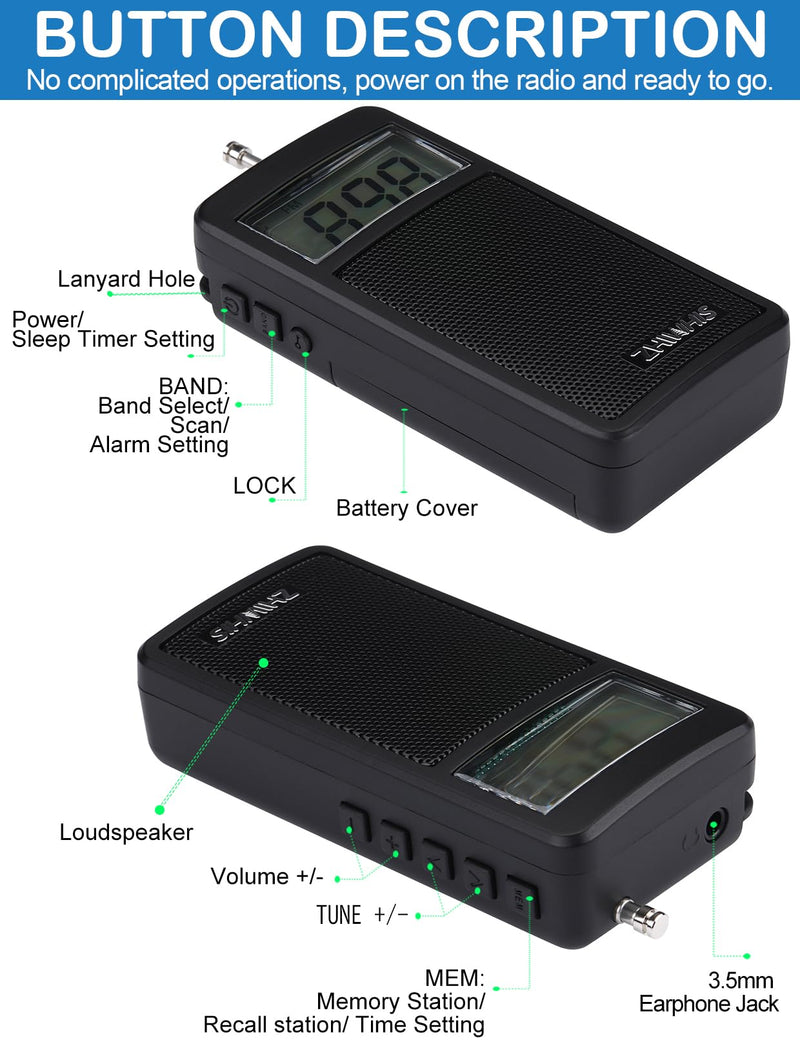 [AUSTRALIA] - ZHIWHIS Portable Radio, AM FM Receiver, DSP Small Pocket Radios Operated by AAA Batteries, Digital Clock, 100 Station Memory, Start Timer/Sleep Timer, for Walking/Running, Black ZWS-105 