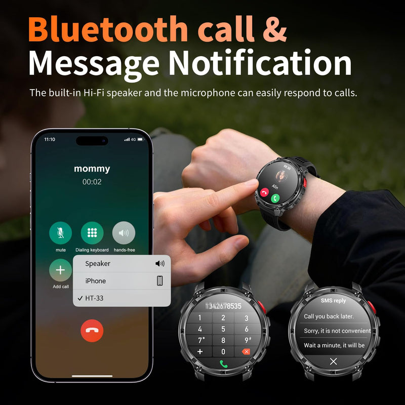 Mens Smart Watch for Android Phones and iPhone,Military Sport Smart Watches for Men Fitness Tracker Watch with Flashlight/Compass/Waterproof/100 Days Battery/Heart Rate/Sleep/100+ Sport Modes Black