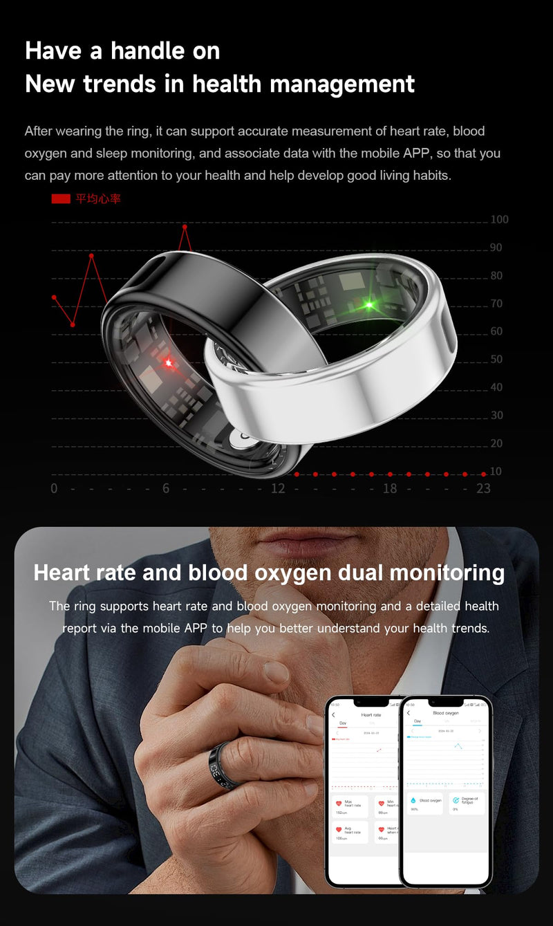 Fitness Tracker Ring, Smart Ring with Display & Charging Case, Accurate Monitoring of Pedometer, Heart & Temperature, IP68 Waterproof, 5-Day Battery Life, Black #12