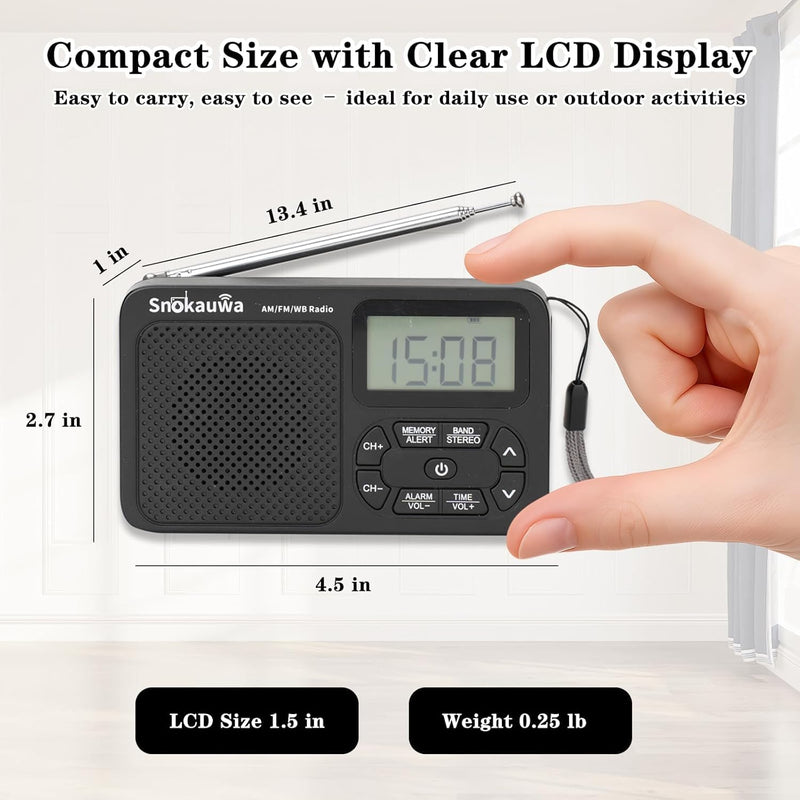 AM FM Radio, Portable Emergency Weather NOAA Radio, Small Digital Radio with Dual Mode Storage, Digital Tuner, Sleep Timer, Wall Plug and Battery Powered (Grey) Grey
