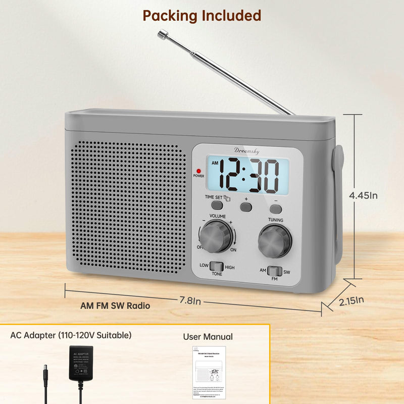 DreamSky AM FM Radio Portable - Shortwave Radio Battery Powered or Plug in Wall for Home Outdoor, Strong Reception, Large Dial Easy to Use, Digital Time Display, Transistor Antenna, Seniors Small Gift Grey