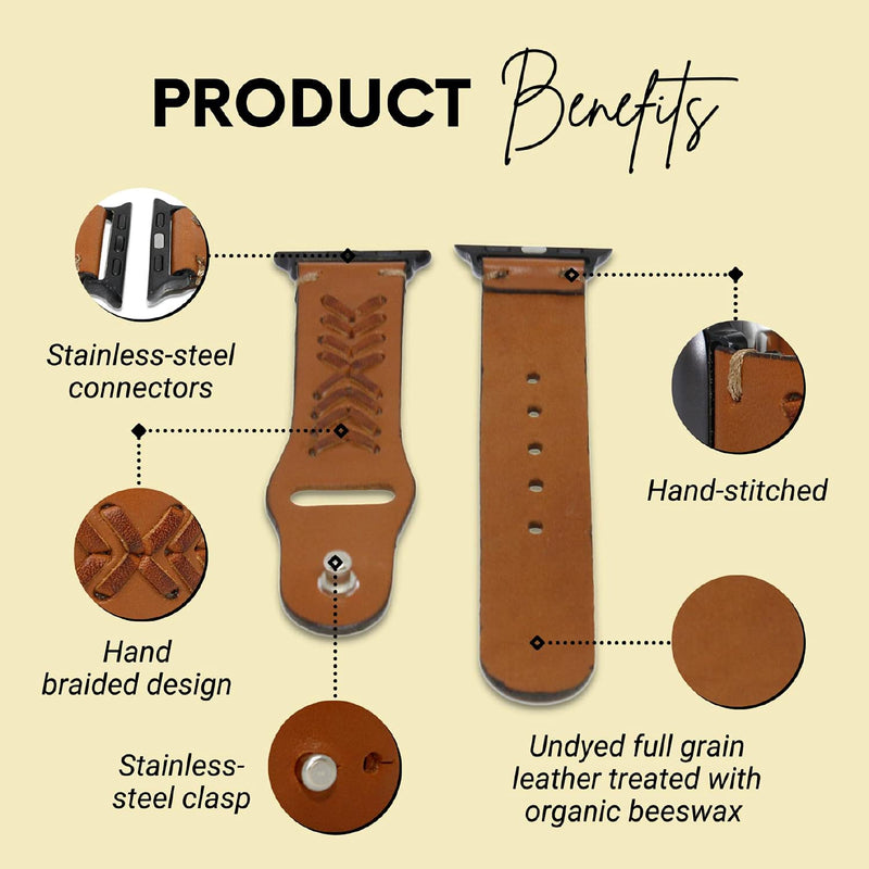 Sambboho - All Natural Soft Leather Watch Bands w/Durable Hand Stitched Bead Embroidery Braided 38/40mm
