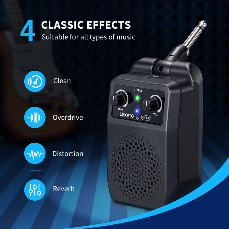 LEKATO Mini Electric Guitar Amp 5W, Portable Guitar Amp Bluetooth with Built-in 4 Effects, Clean Distortion Overdrive Reverb, Rechargeable Small Amplifier for Practice, Black (JA-05G)